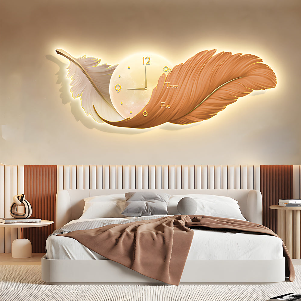 Modern White Feather LED Wall Lamp Clock Art Decor for Living Room