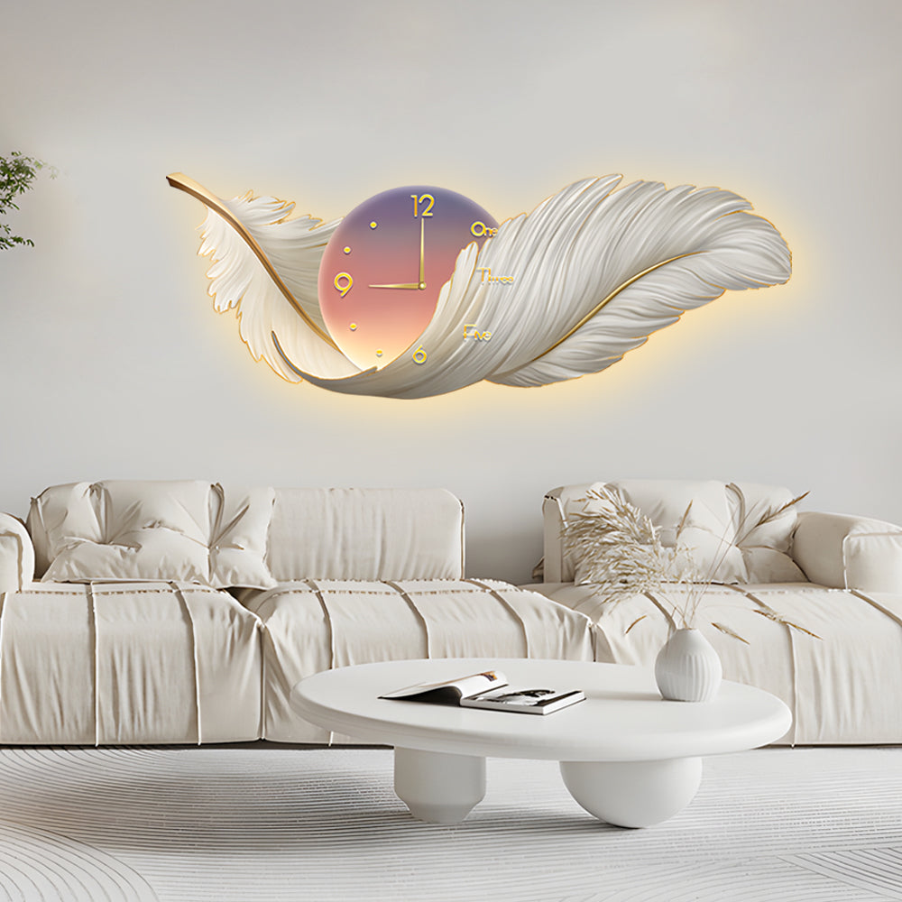 Modern White Feather LED Wall Lamp Clock Art Decor for Living Room