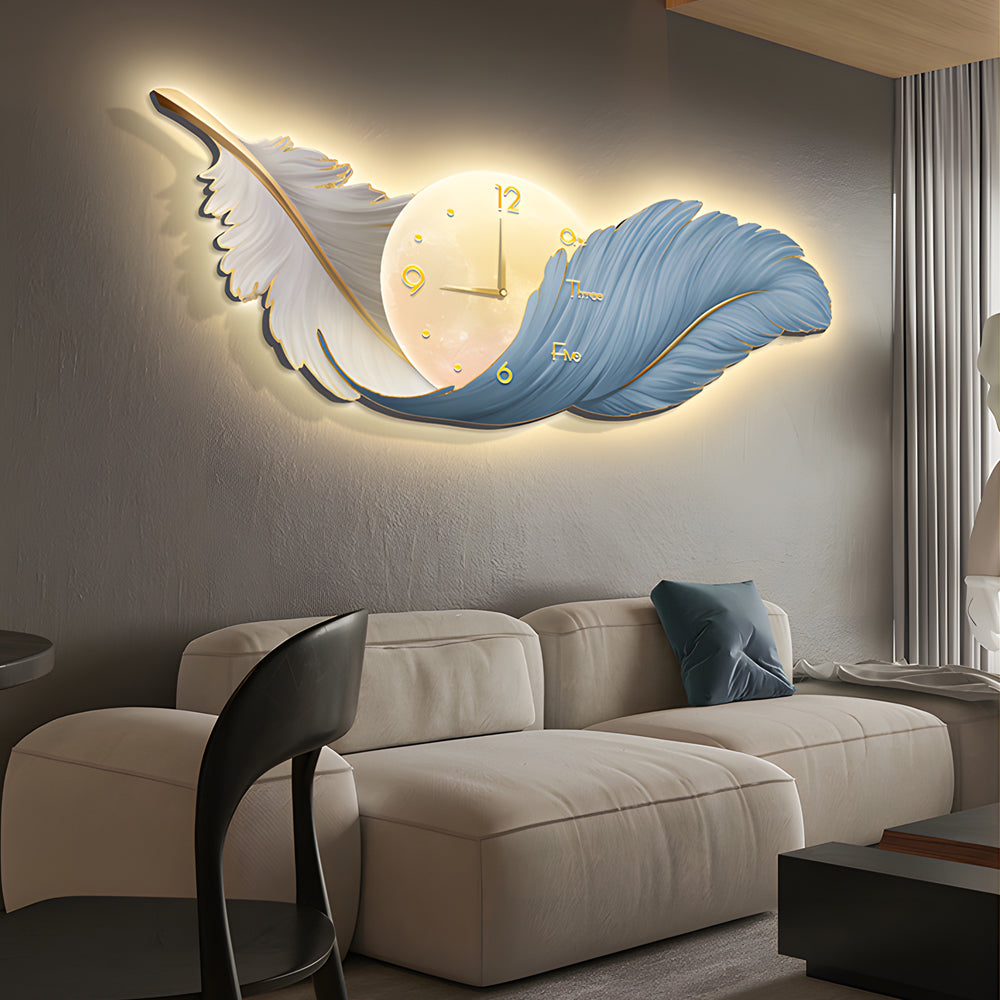 Modern White Feather LED Wall Lamp Clock Art Decor for Living Room