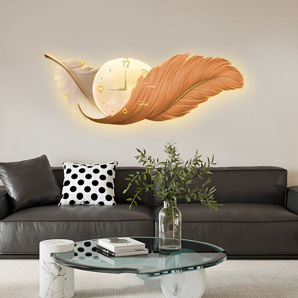 Modern White Feather LED Wall Lamp Clock Art Decor for Living Room