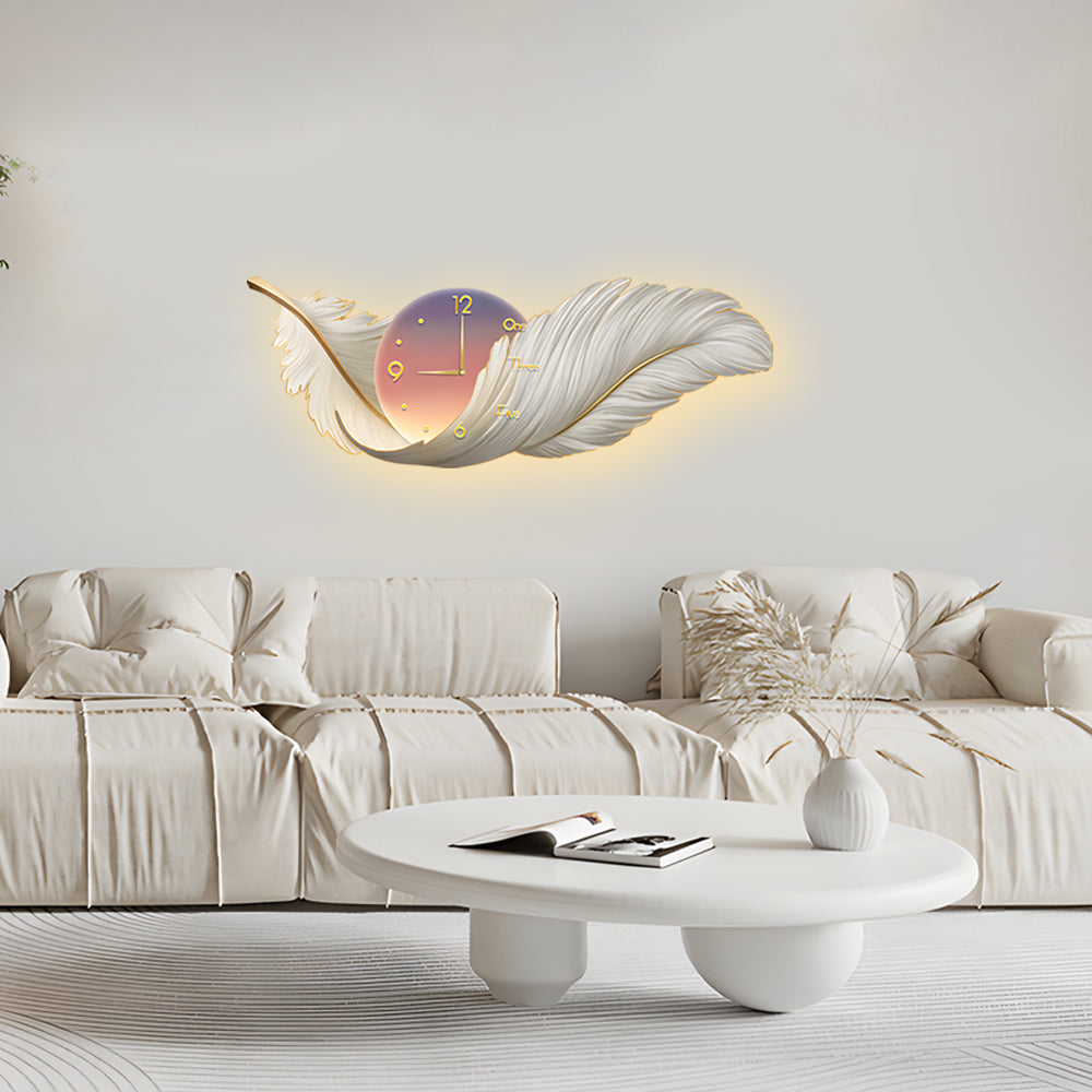 Modern White Feather LED Wall Lamp Clock Art Decor for Living Room