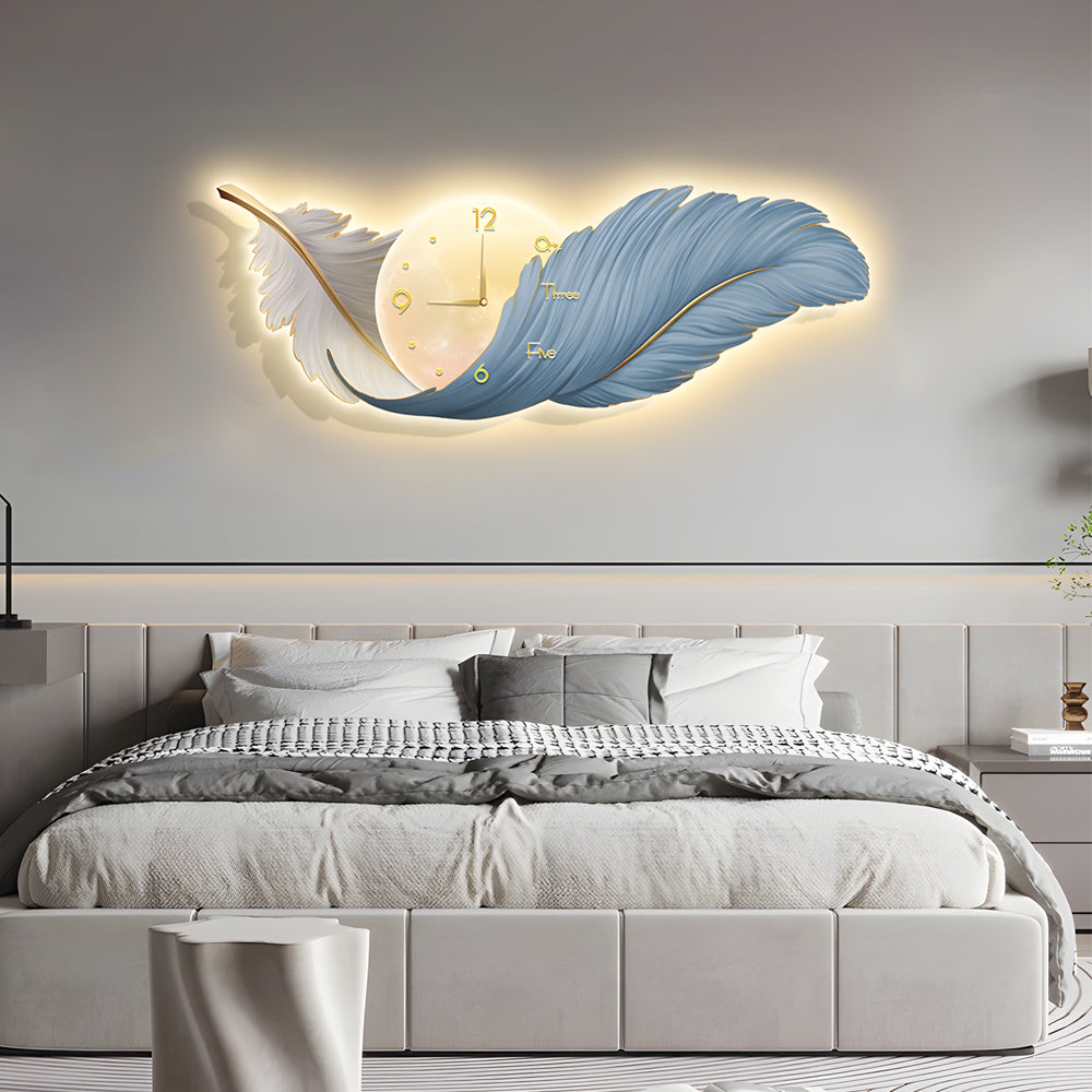 Modern White Feather LED Wall Lamp Clock Art Decor for Living Room