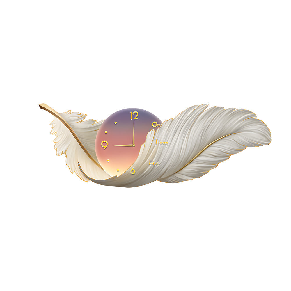 Modern White Feather LED Wall Lamp Clock Art Decor for Living Room