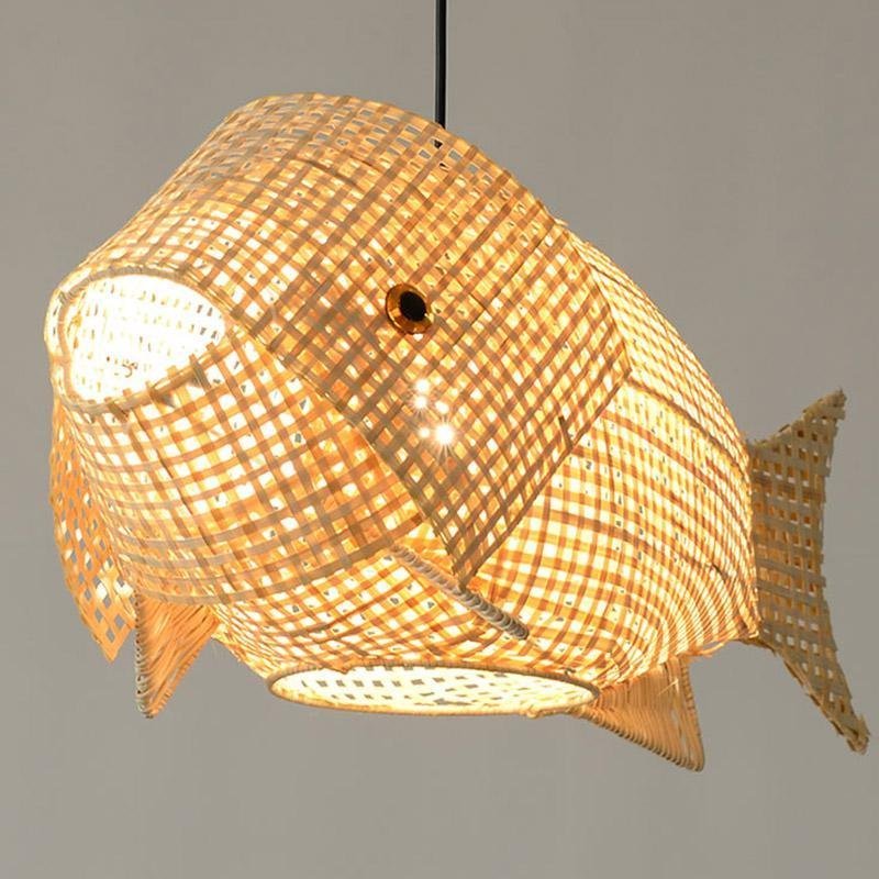 Rustic Fish Pendant Light in Bamboo for Farmhouse Kitchen & Dining Room