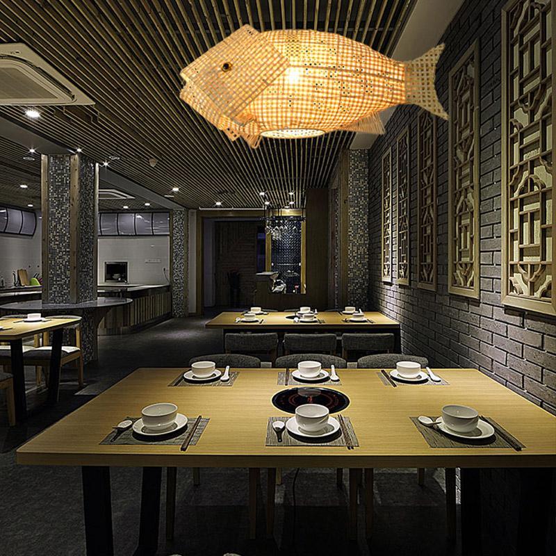 Rustic Fish Pendant Light in Bamboo for Farmhouse Kitchen & Dining Room