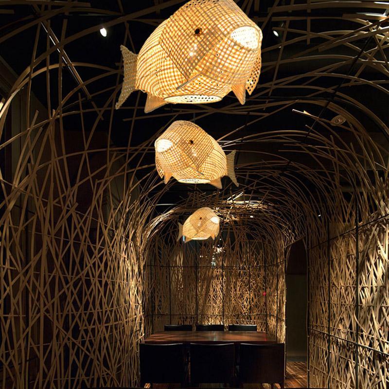 Rustic Fish Pendant Light in Bamboo for Farmhouse Kitchen & Dining Room