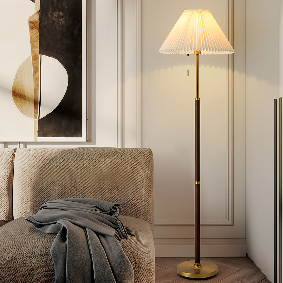 Elegant Wood Floor Lamp with Pleated Fabric Shade for Living Room Decor