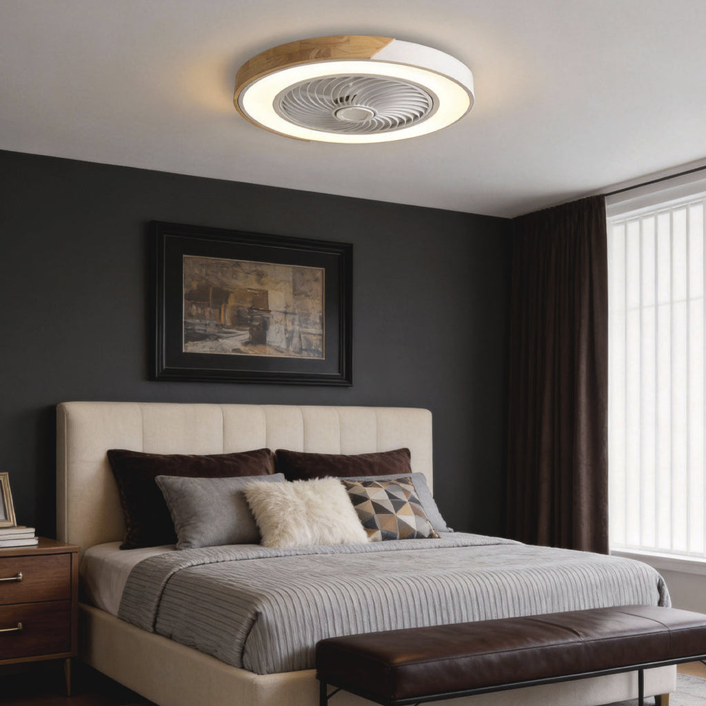 Sleek White Bladeless LED Flush Mount Ceiling Fan with Remote for Bedrooms