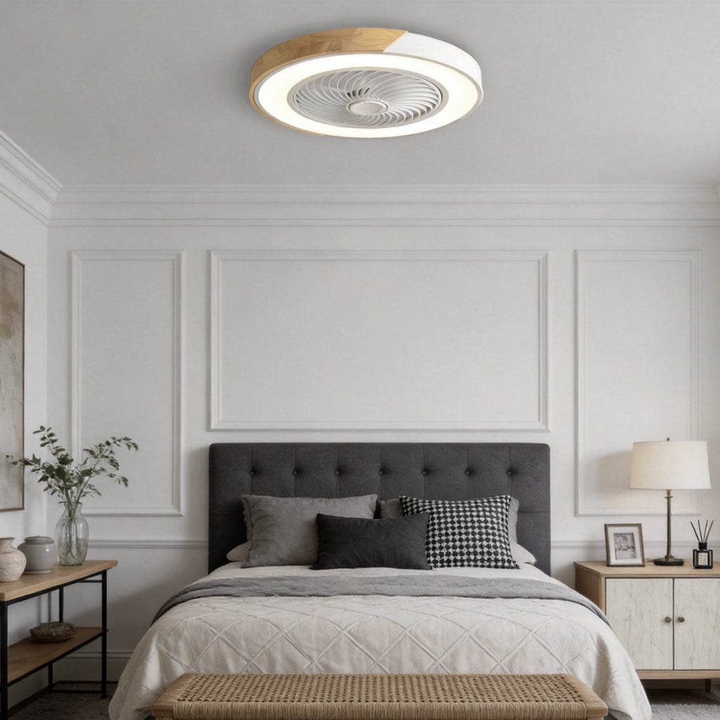 Sleek White Bladeless LED Flush Mount Ceiling Fan with Remote for Bedrooms
