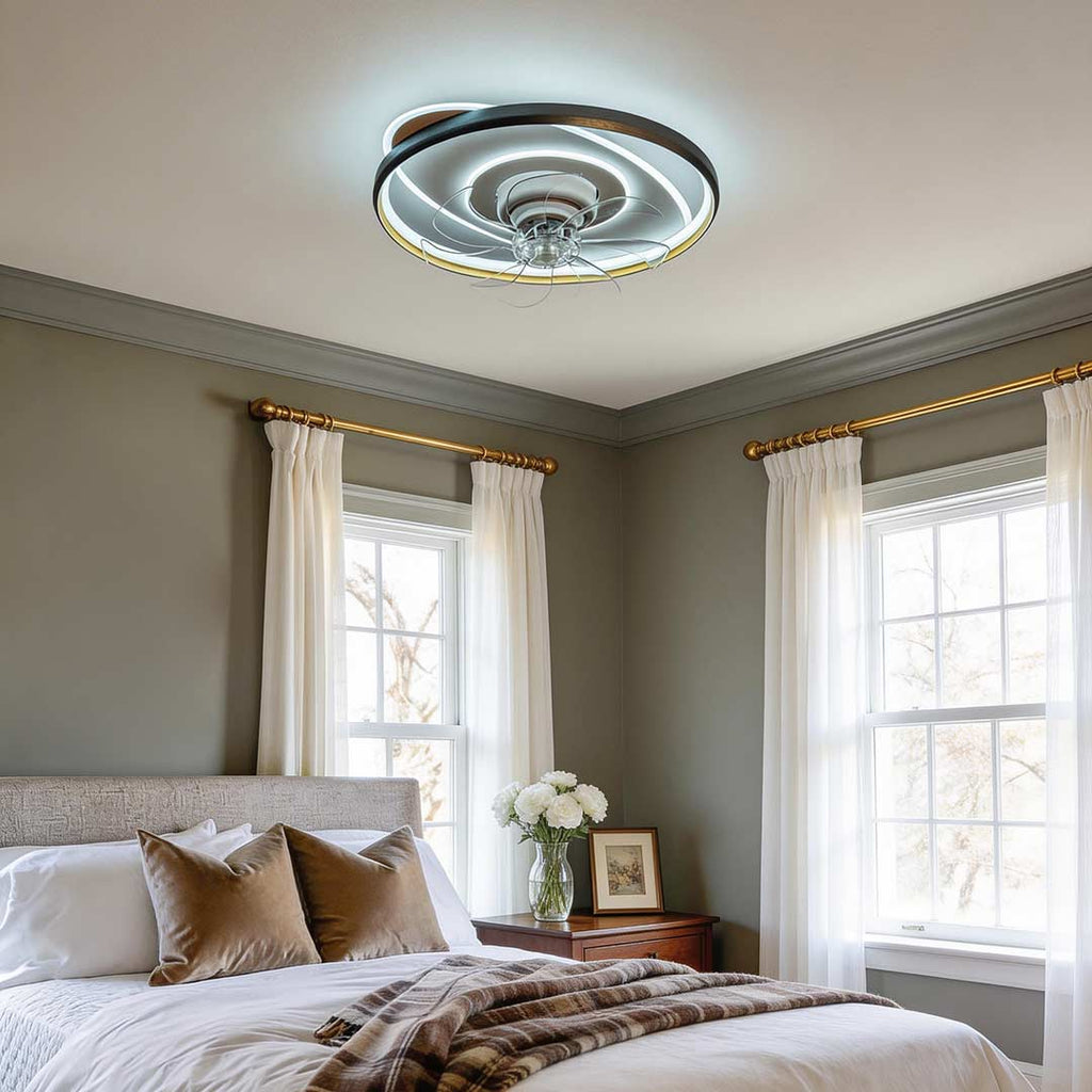 Modern White Flush Mount Ceiling Fan with Dimmable LED Light for Living Room