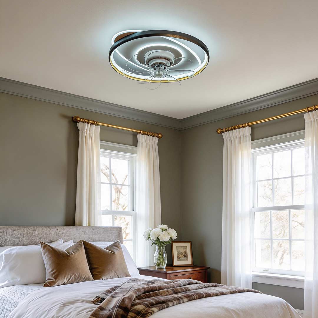 Modern White Flush Mount Ceiling Fan with Dimmable LED Light for Living Room