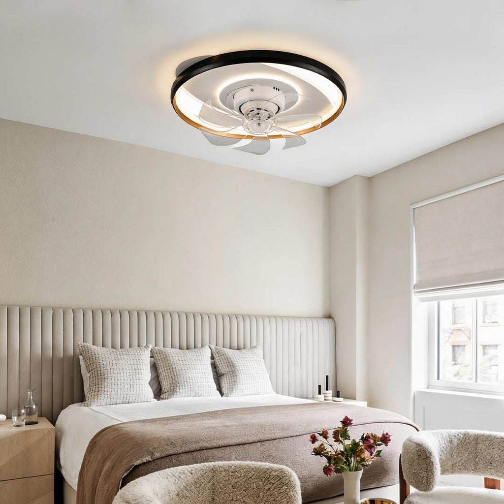 Modern White Flush Mount Ceiling Fan with Dimmable LED Light for Living Room