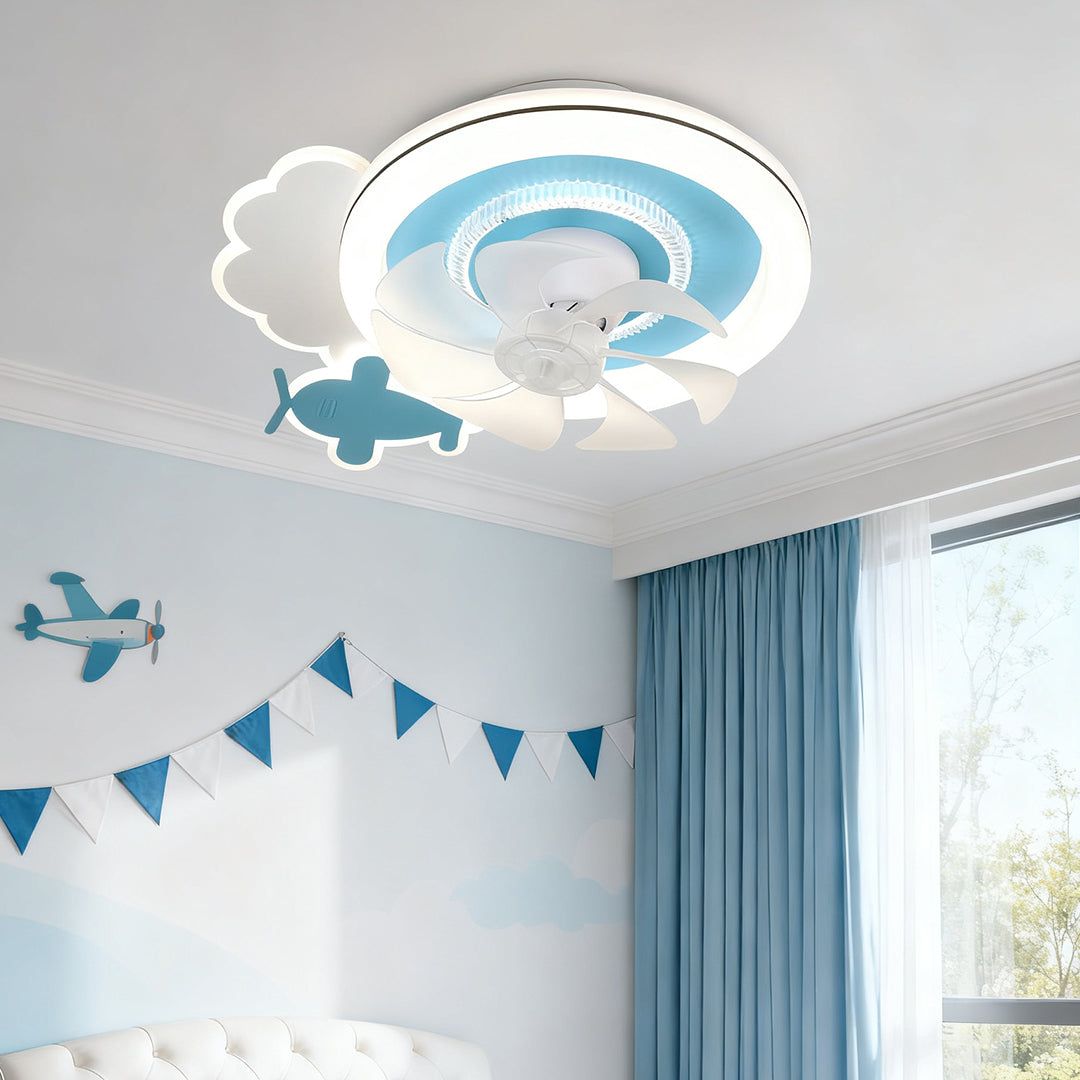 Blue and White Kids' Ceiling Fan with Lights, Quiet Motor for Nurseries