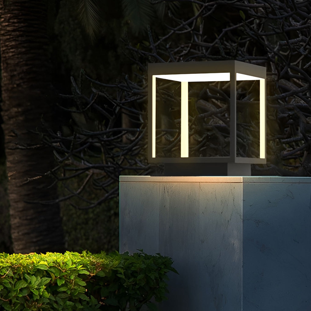 Modern Open-Frame Square Concrete LED Pillar Light for Outdoor Spaces