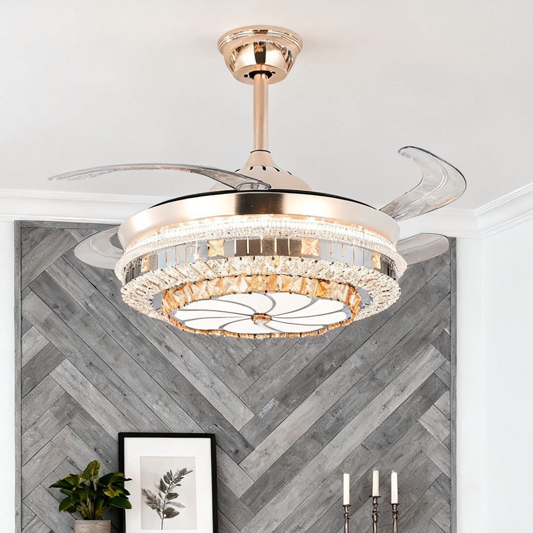 Modern Gold Crystal Ceiling Fan with Light for Living Room Décor