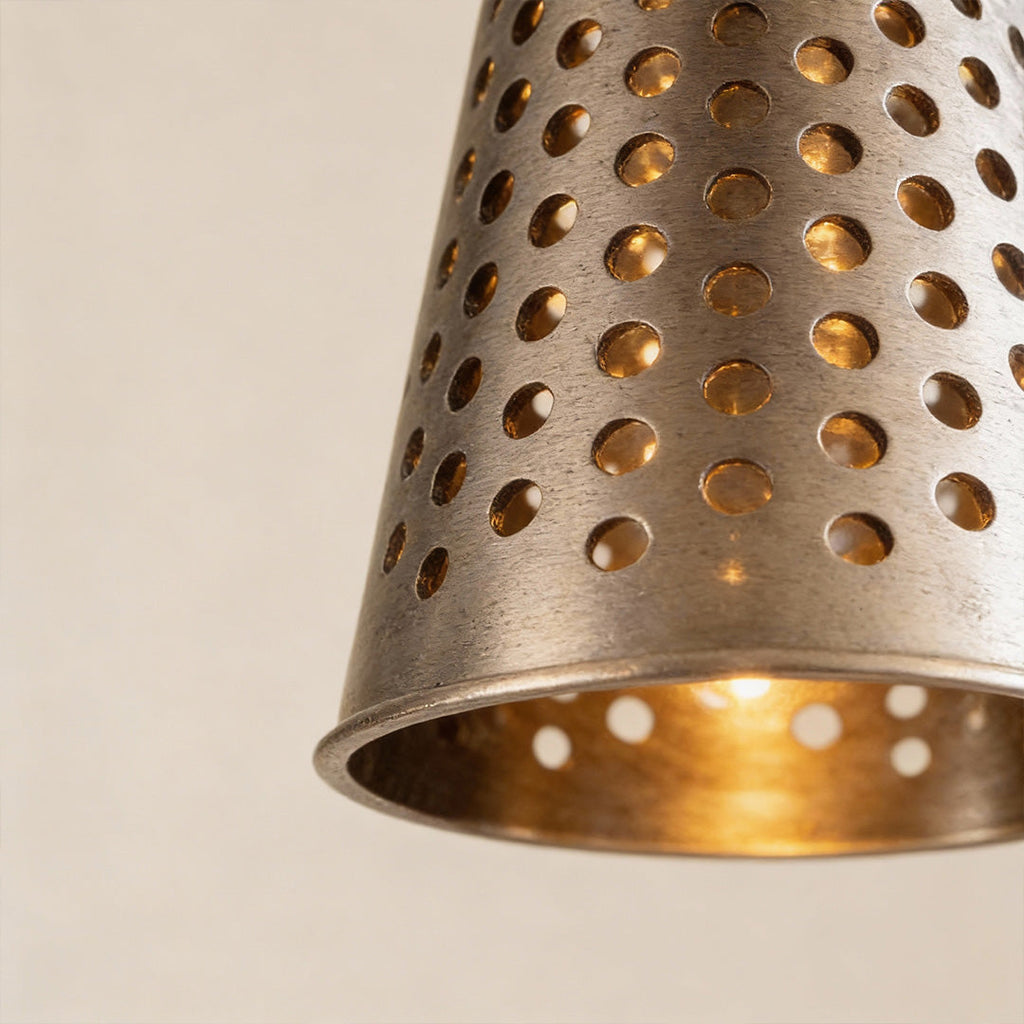 Chic Perforated Metal Cone Pendant Light with Glass Ball for Dining Room