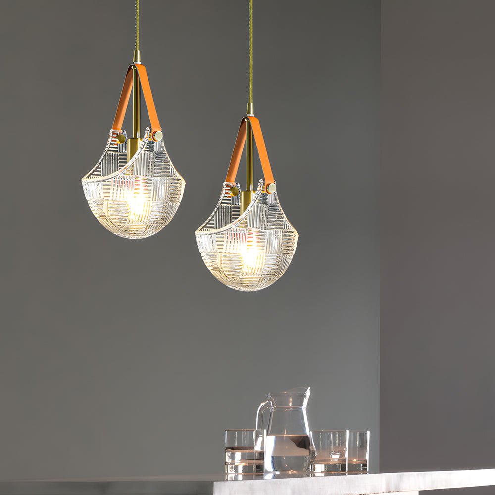 Modern Copper Leather Pendant Lamp with Glass Woven Texture for Home Décor