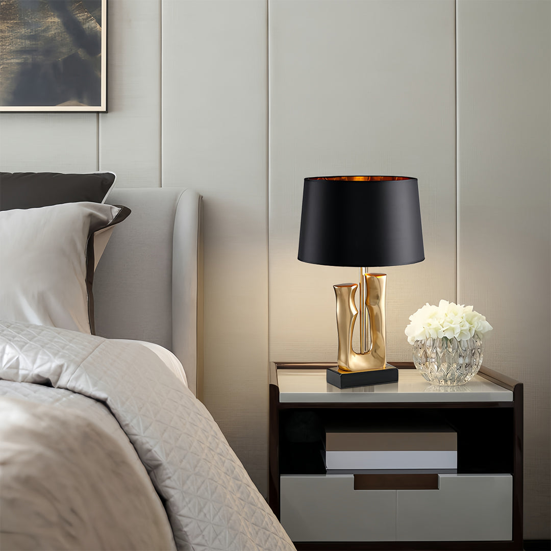 Elegant Gold and Black Sculptural Table Lamp with Drum Shade for Living Room