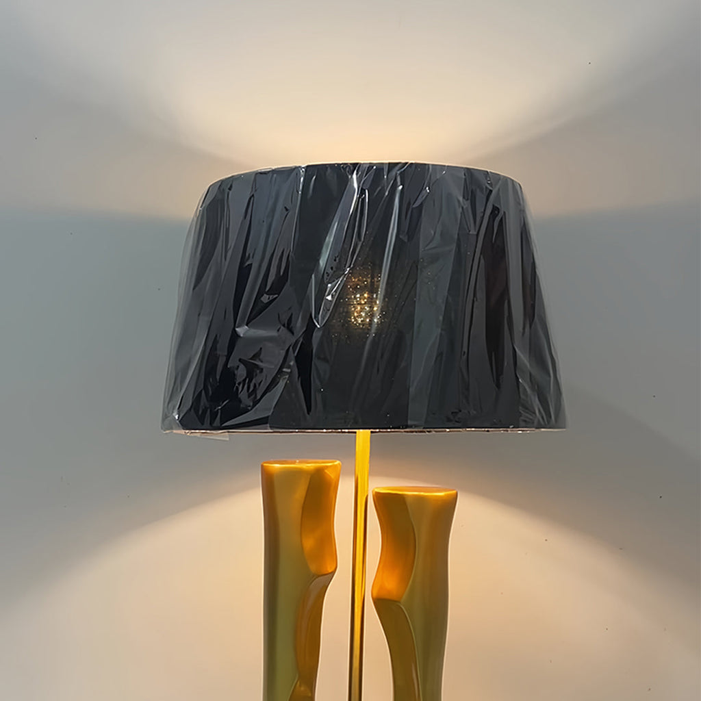 Elegant Gold and Black Sculptural Table Lamp with Drum Shade for Living Room