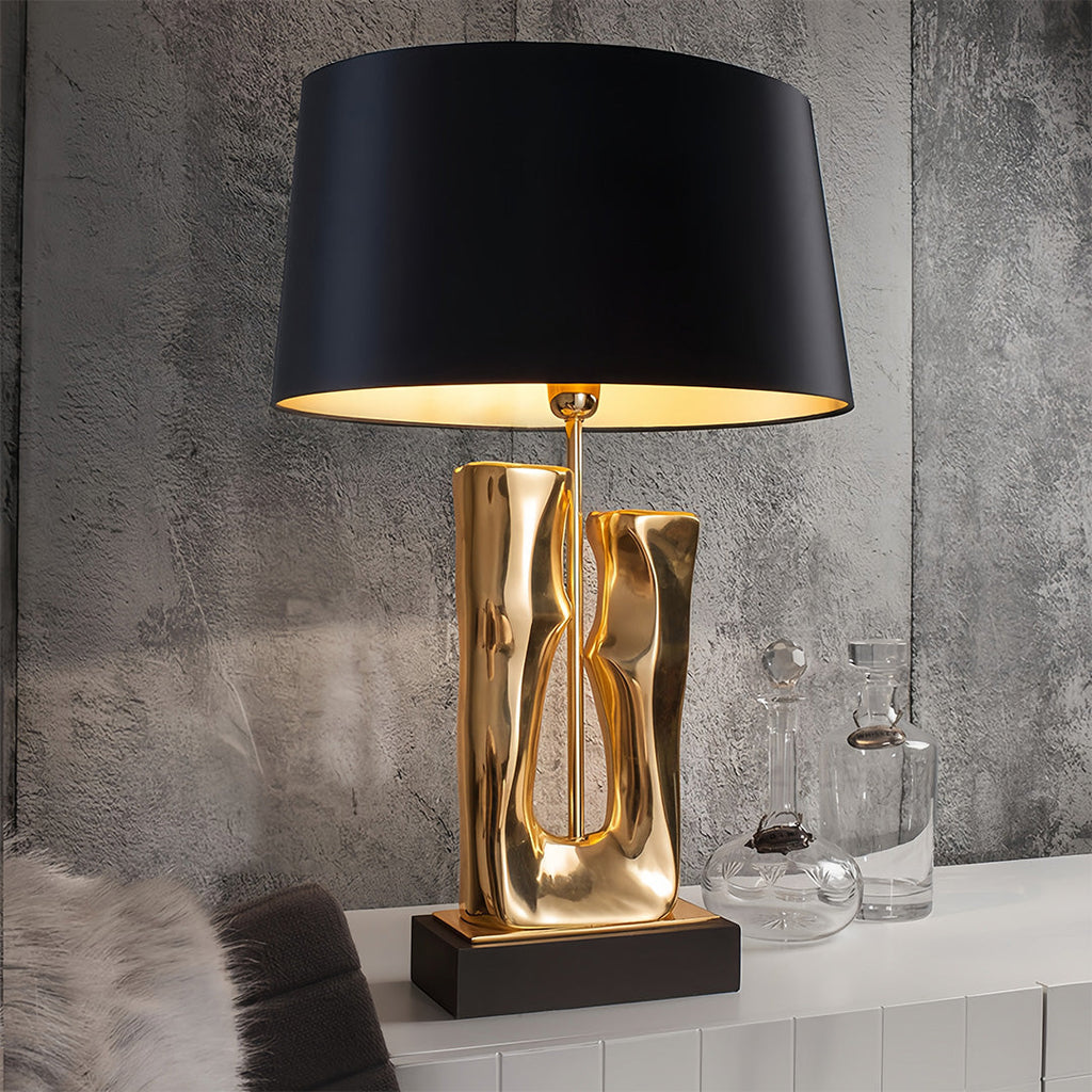 Elegant Gold and Black Sculptural Table Lamp with Drum Shade for Living Room