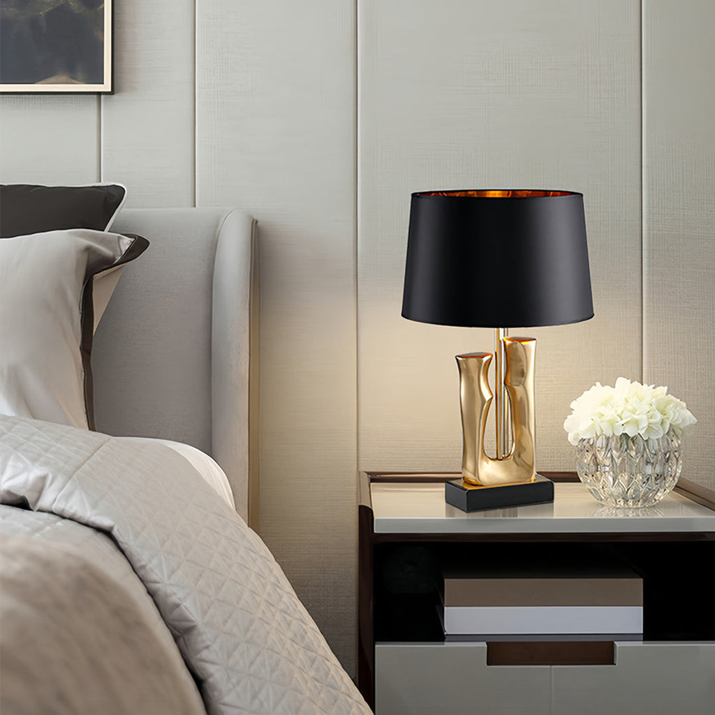 Elegant Gold and Black Sculptural Table Lamp with Drum Shade for Living Room