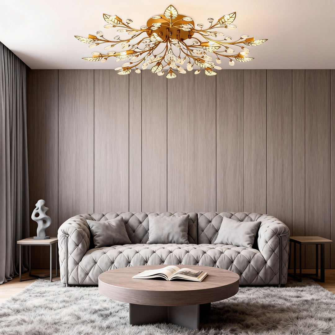 Modern Gold Brass Branch Chandelier with Crystal Leaves for Dining Room