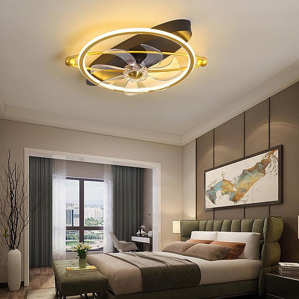 Industrial Gold Flush Mount Ceiling Fan with LED Lights & Remote Control