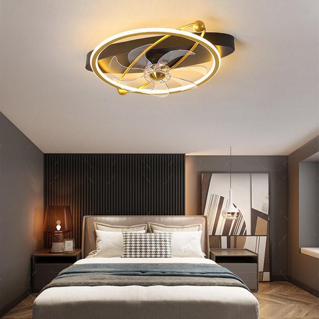 Industrial Gold Flush Mount Ceiling Fan with LED Lights & Remote Control