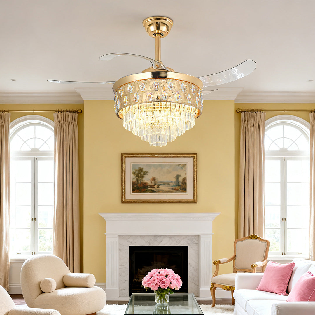Luxury Gold Iron Crystal Ceiling Fan Light Fixture for Elegant Rooms