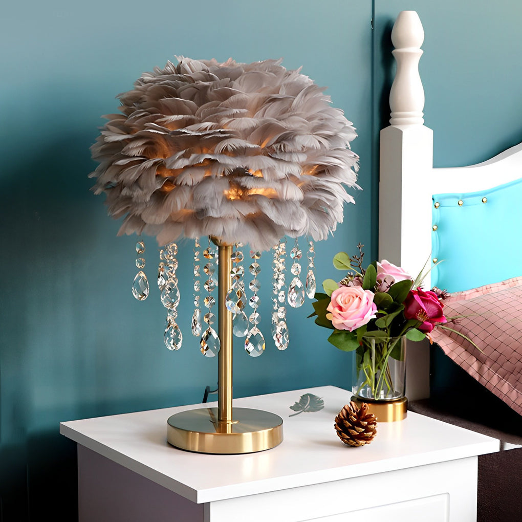 Modern White Feather LED Crystal Table Lamp for Bedroom Living Room