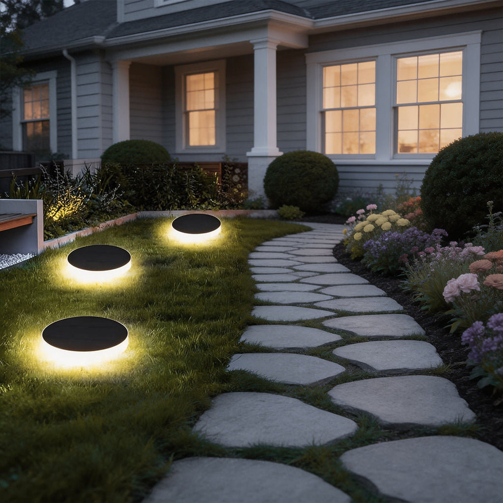Sleek Solar-Powered LED Disc Lights for Outdoor Garden Pathway Décor