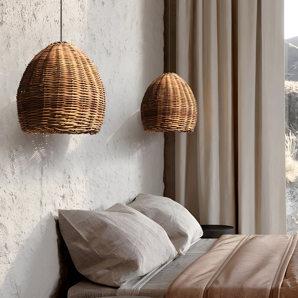 Handcrafted Wabi-Sabi Leather Rattan LED Pendant Light for Living Room