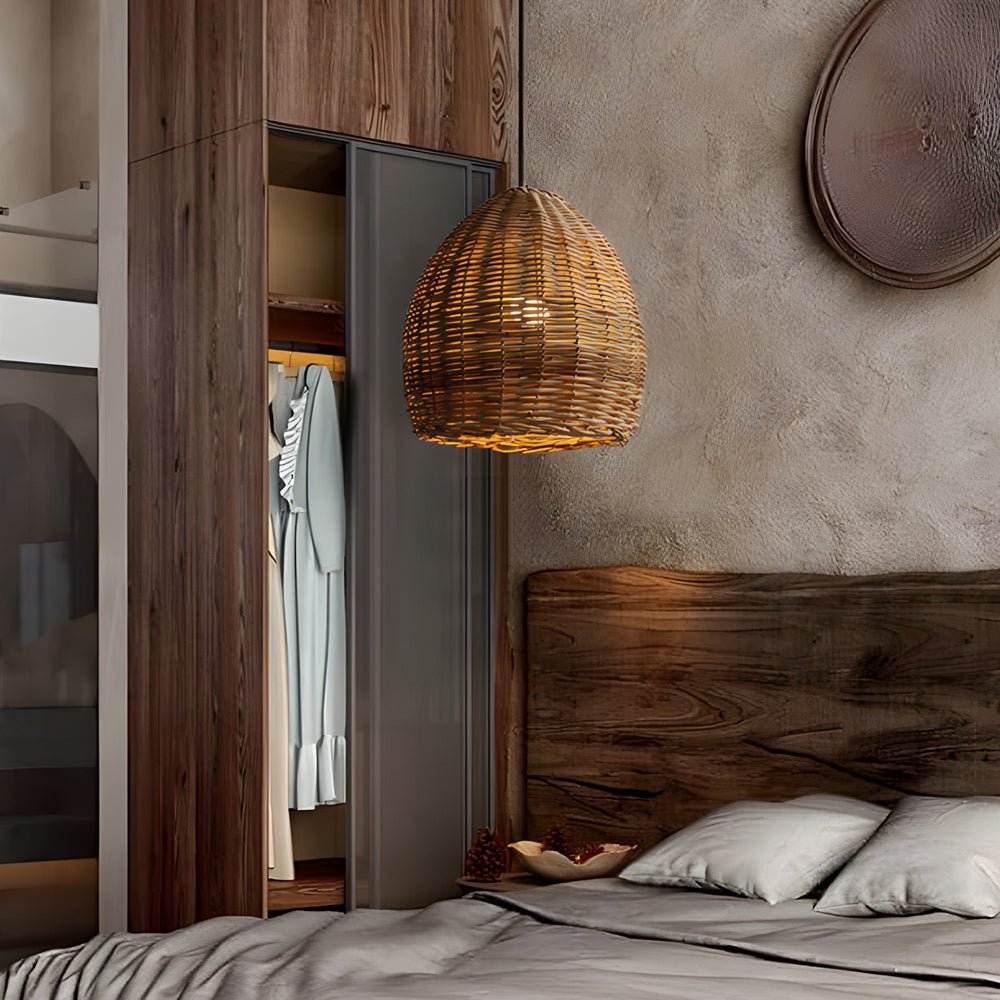 Handcrafted Wabi-Sabi Leather Rattan LED Pendant Light for Living Room