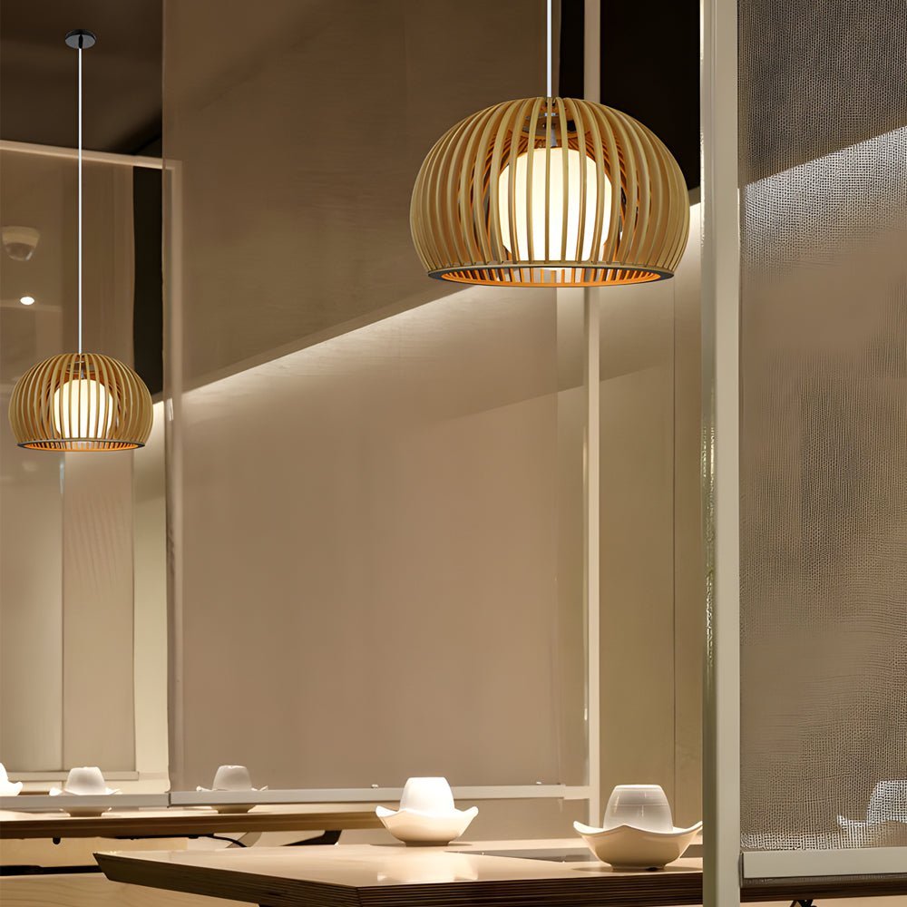 Contemporary Wood and Glass Hemispherical Chandelier for Living Room