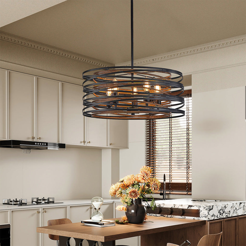 Industrial Black Iron Drum Pendant Light for Kitchen or Dining Room