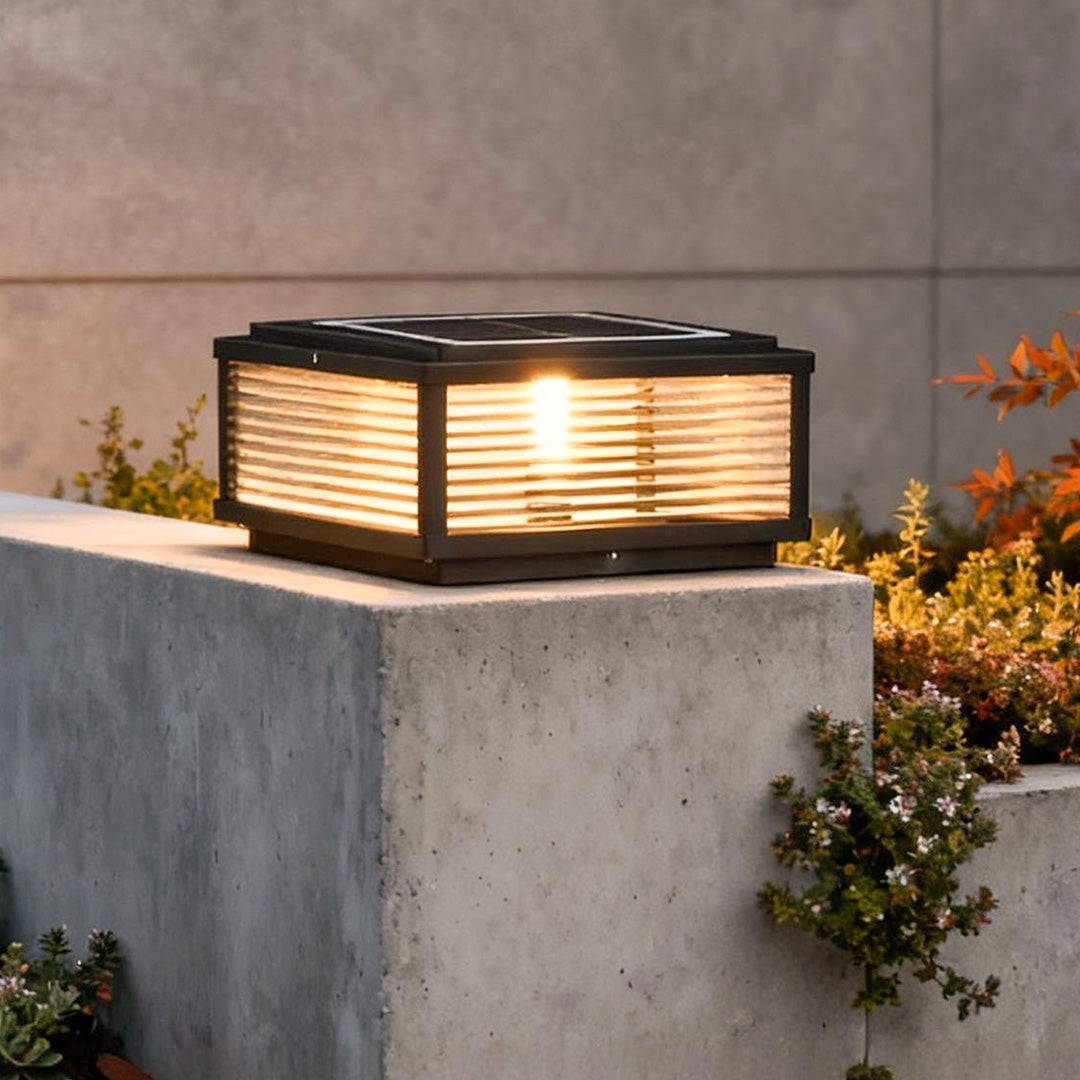 Ribbed Glass Square Pillar Outdoor Metal Lantern Light for Patios