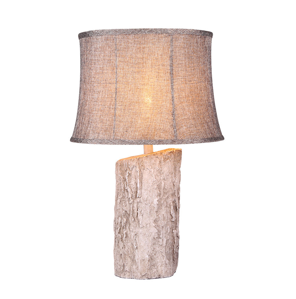 Rustic White Wood Table Lamp with Bark Fabric Shade for Living Room