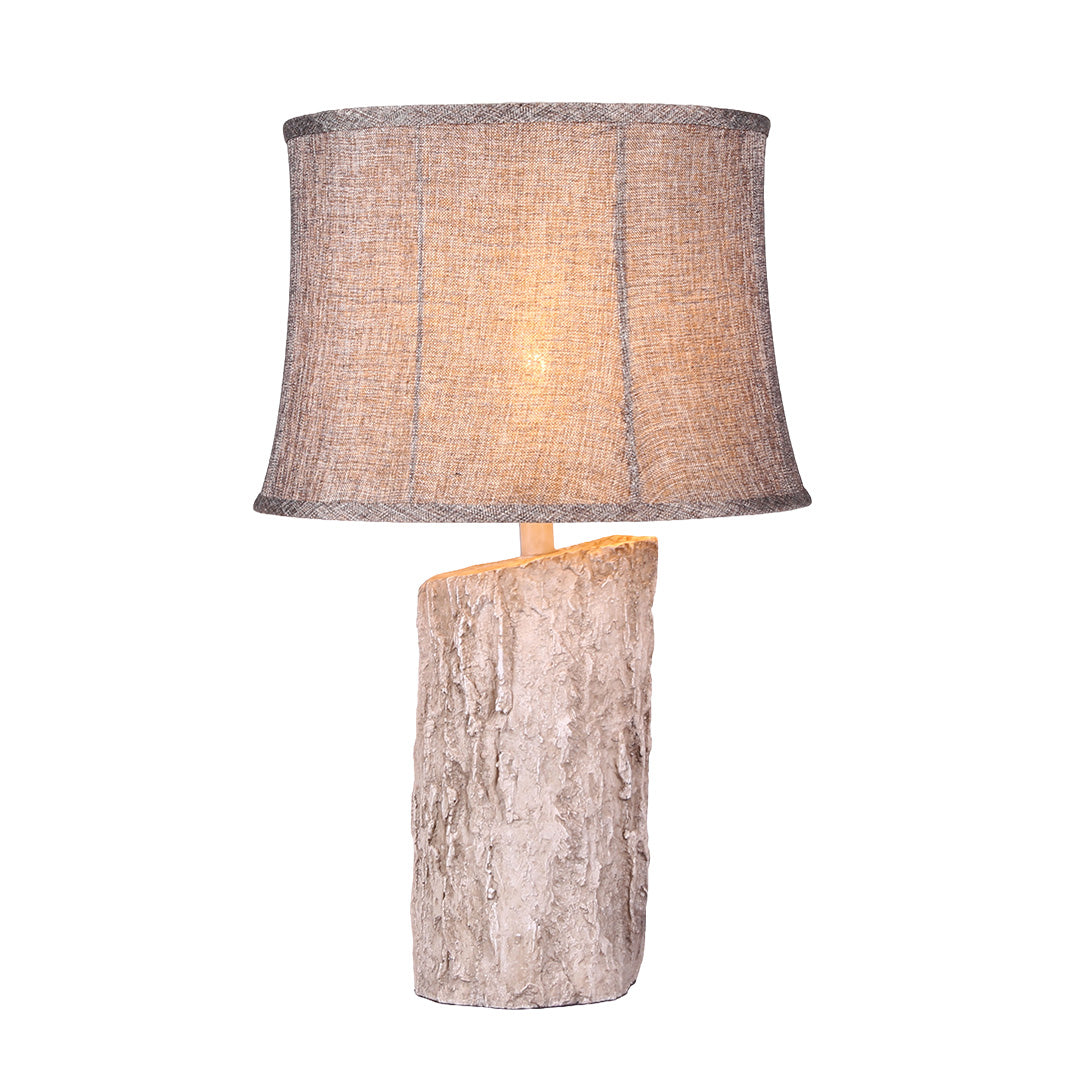 Rustic White Wood Table Lamp with Bark Fabric Shade for Living Room