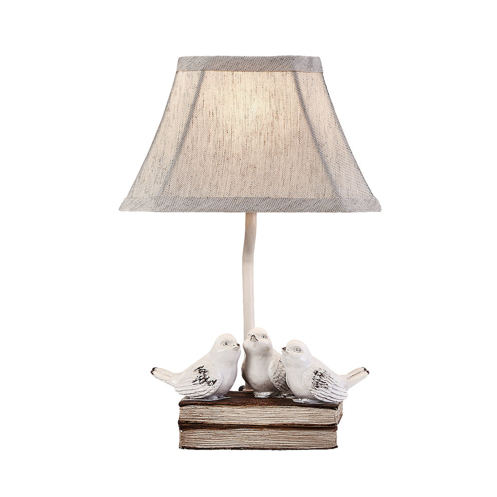 Vintage Fabric Table Lamp with Bird Figurine and Book Base for Living Room