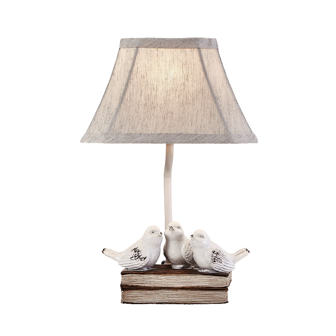 Vintage Fabric Table Lamp with Bird Figurine and Book Base for Living Room