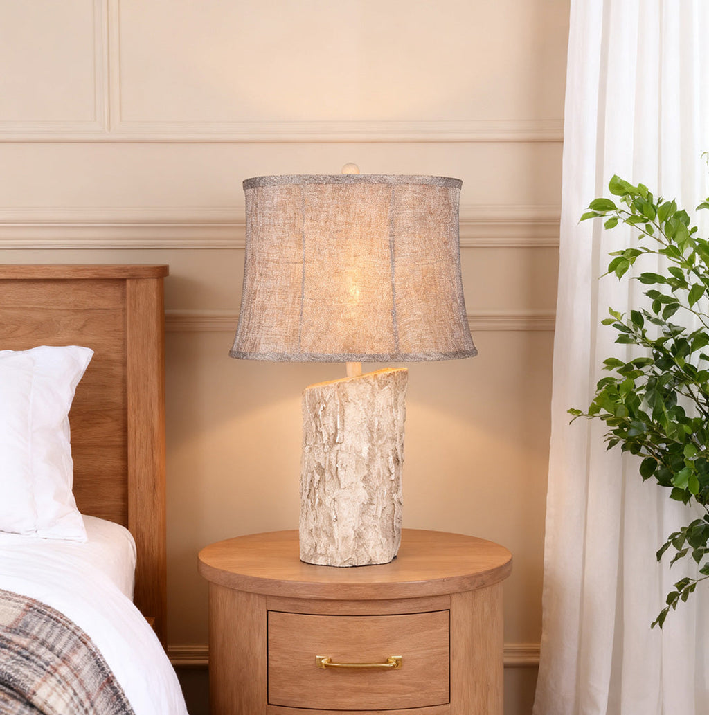 Rustic White Wood Table Lamp with Bark Fabric Shade for Living Room