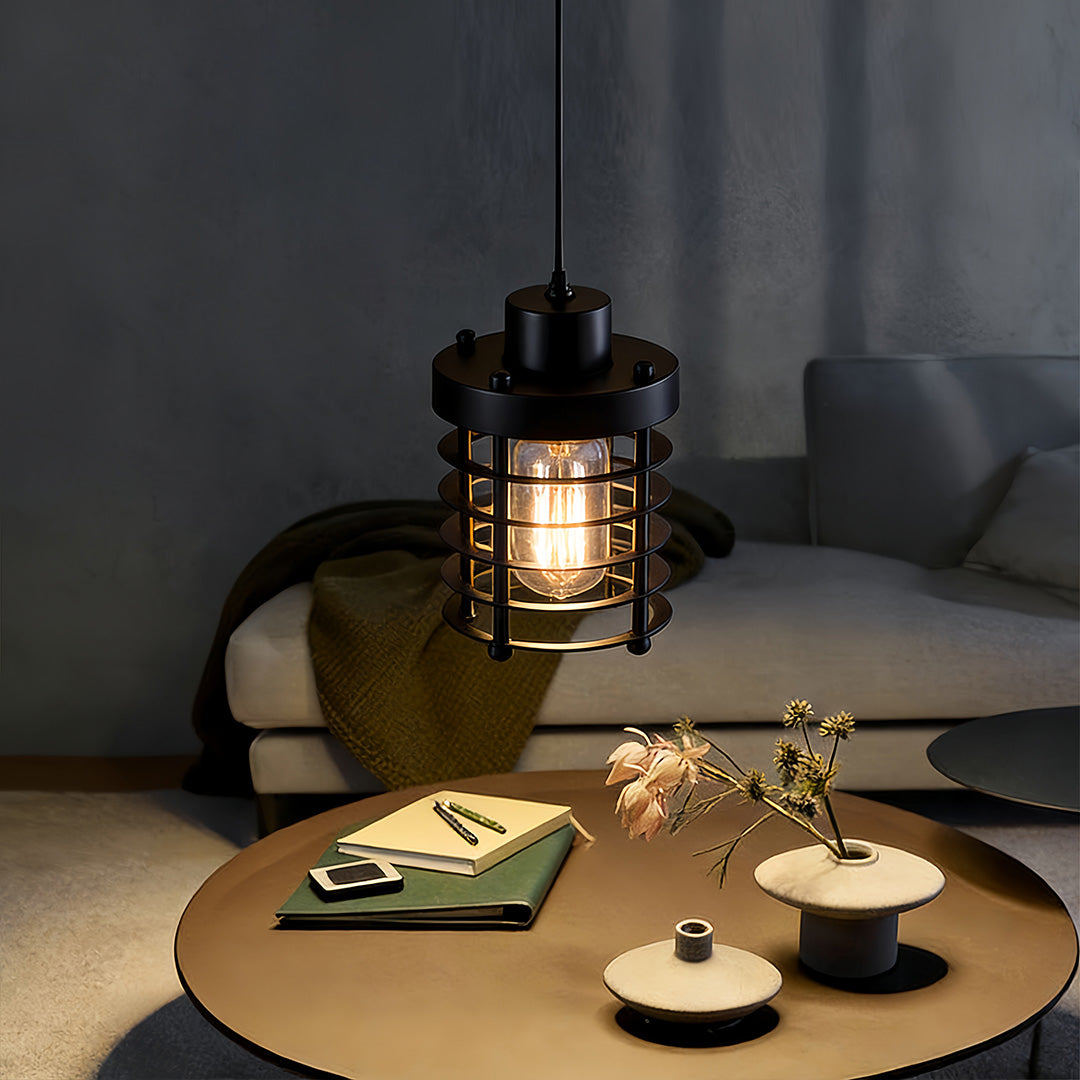 Rustic Black Metal Industrial Cage Pendant Light for Kitchen Dining Room