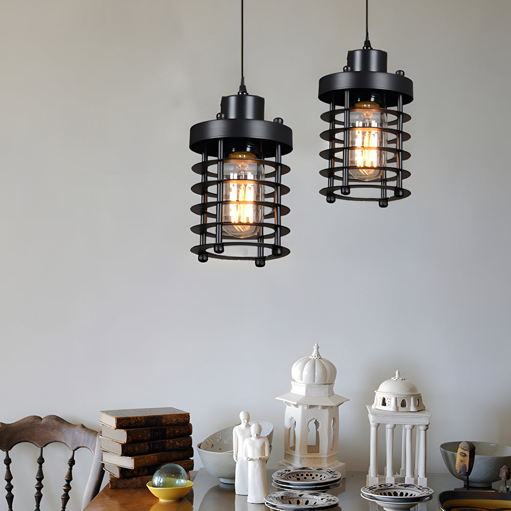 Rustic Black Metal Industrial Cage Pendant Light for Kitchen Dining Room
