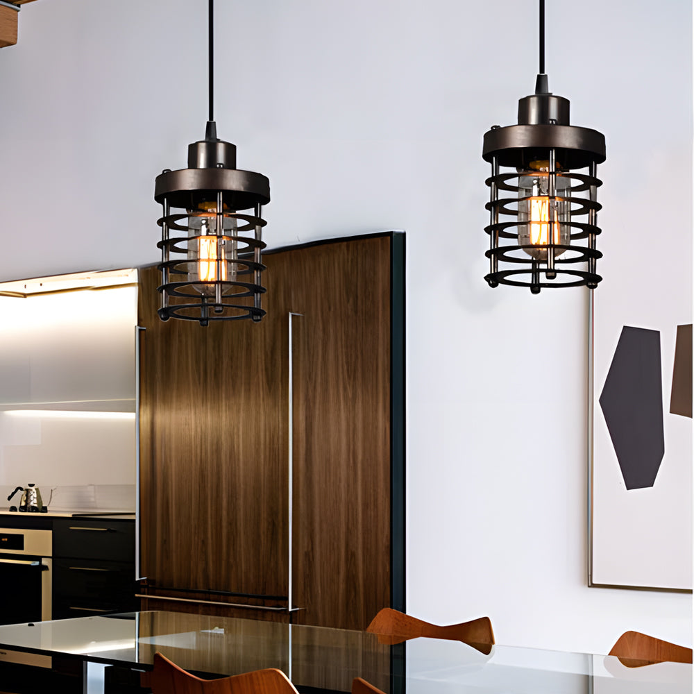 Rustic Black Metal Industrial Cage Pendant Light for Kitchen Dining Room