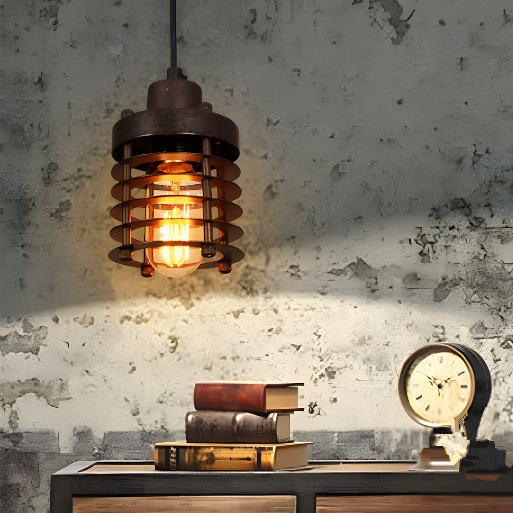 Rustic Black Metal Industrial Cage Pendant Light for Kitchen Dining Room