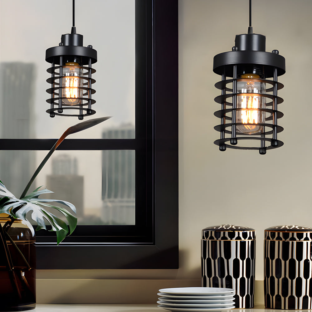 Rustic Black Metal Industrial Cage Pendant Light for Kitchen Dining Room