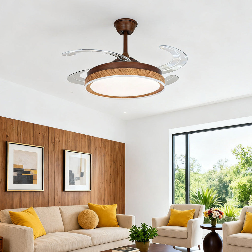 Rustic Walnut Wood Grain Ceiling Fan with 4 Lights for Living Room