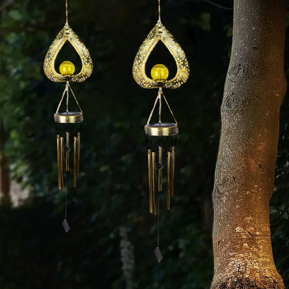 Rustic Iron Heart Wind Chimes LED Solar Hanging Lights for Garden Decor