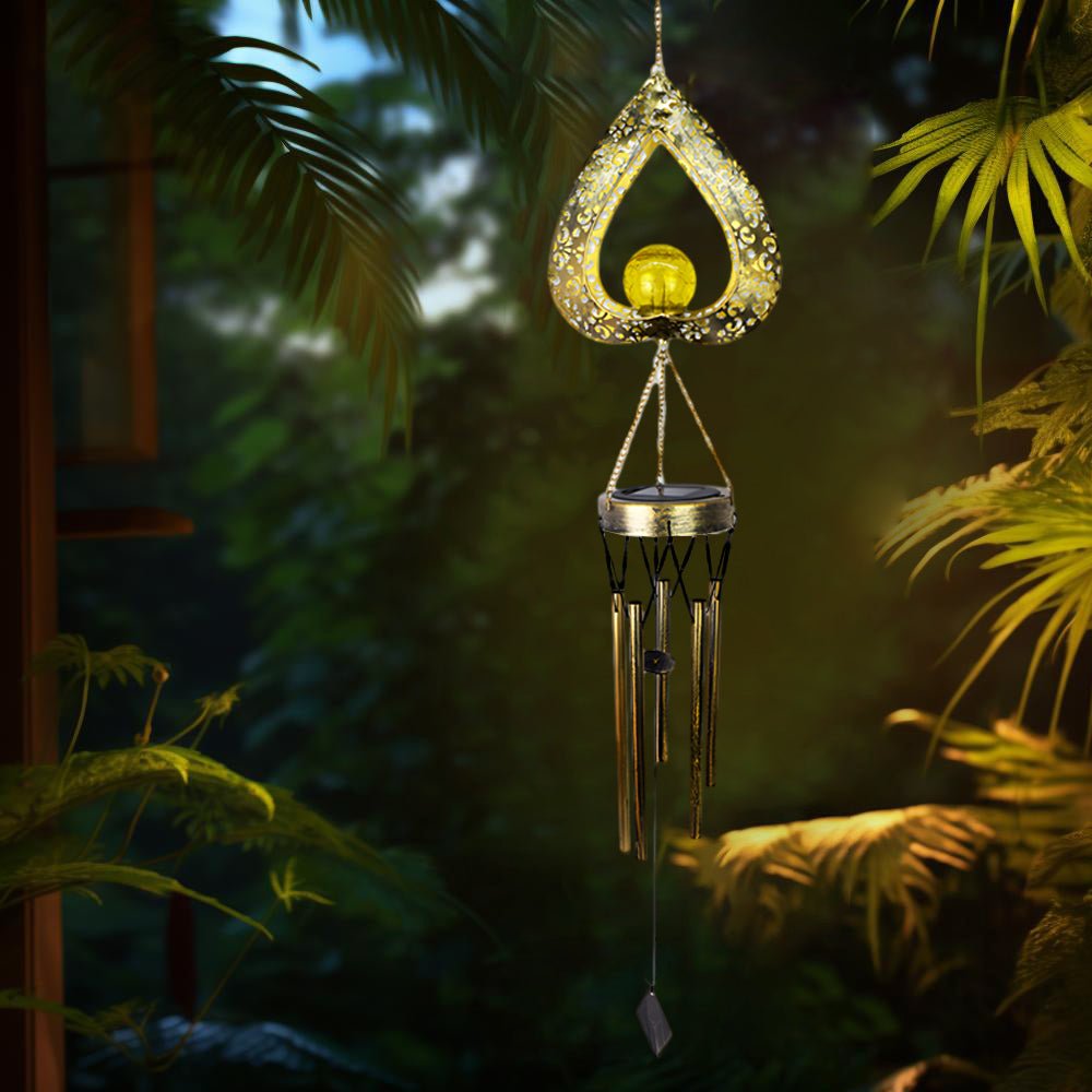 Rustic Iron Heart Wind Chimes LED Solar Hanging Lights for Garden Decor