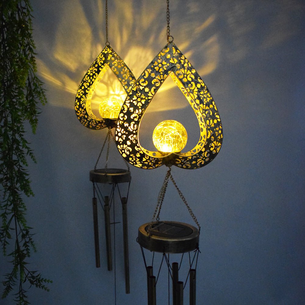 Rustic Iron Heart Wind Chimes LED Solar Hanging Lights for Garden Decor